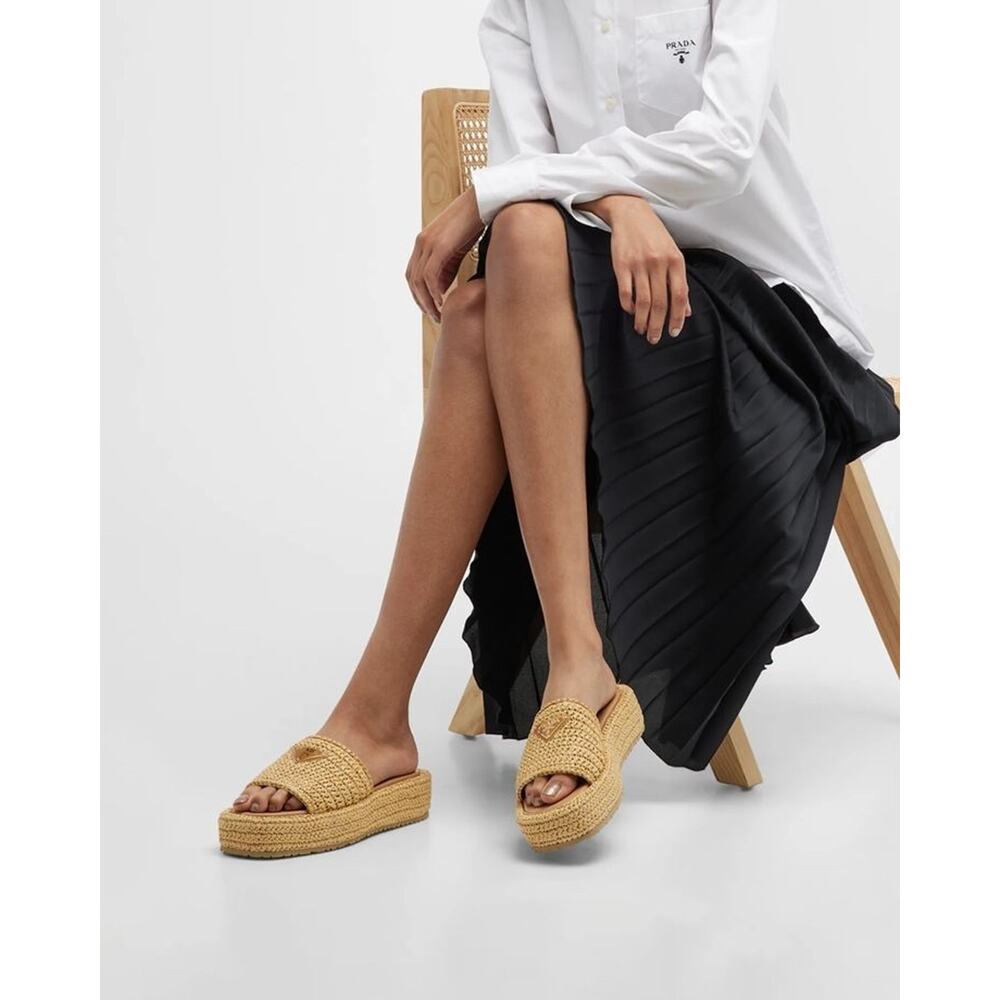 Prada Crochet Raffia Platform Slide Natural Beige Logo Mule Wedge Sandal 40 - Picture 5 of 16